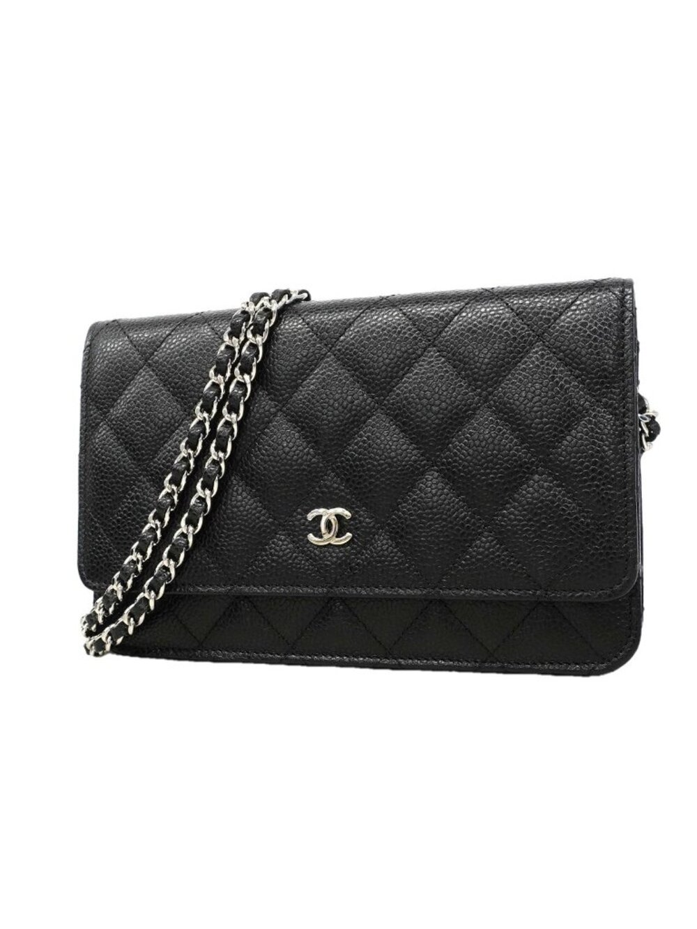 Chanel Shoulder Wallet Quilted Caviar Leather Black Silver